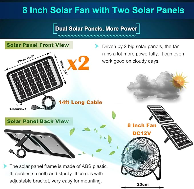 8 Inch Solar Powered Fan, Install-Free, with 25W Dual Solar Panels, Cloudy Days Working Solar Fan for Air Circulation and Cooling in Greenhouse, Chicken Coop, Pet House, Attic, 14ft Long Cable