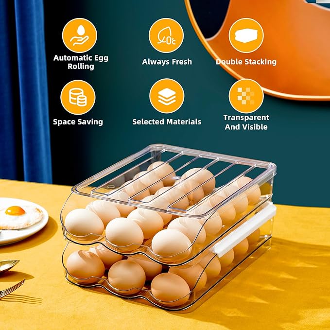 Egg Holder for Fridge, Rolling Egg Holder for Refrigerator, Egg Organizer for Refrigerator Clear Plastic Egg Dispenser with Removable Lid and Tray (2 Layer Holds 36 Eggs)
