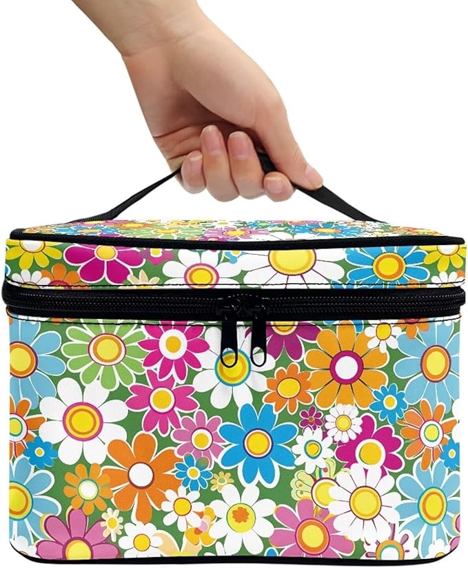 Retro 70S Colorful Hippie Flower Print Travel Makeup Bags for Women Portable Tote Cosmetic Case with Carry Handle Toiletry Accessories Storage Organizer Bags