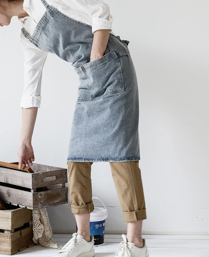 Cotton Denim Apron Soft - Unisex Adjustable Bib Apron with 5-Pockets Perfect for Kitchens