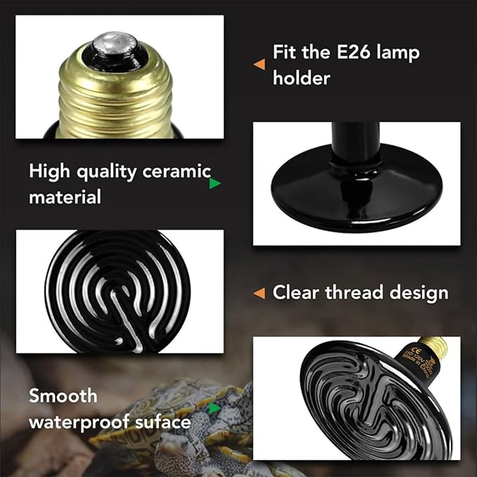 Simple Deluxe 250W Reptile Heat Lamp Bulb No Light Ceramic Heat Emitter Brooder Coop Heater for Amphibian Pet & Incubating Chicken, Snake, Lizard, Spider, 2-Pack,Black