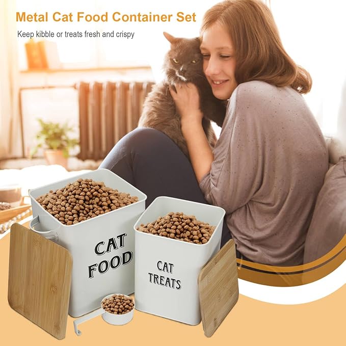 Pethiy Cat Food and Treats Containers Set with Scoop for Cats or Dogs -Tight Fitting Wood Lids - Coated Carbon Steel - Storage Canister Tins-Cat-White