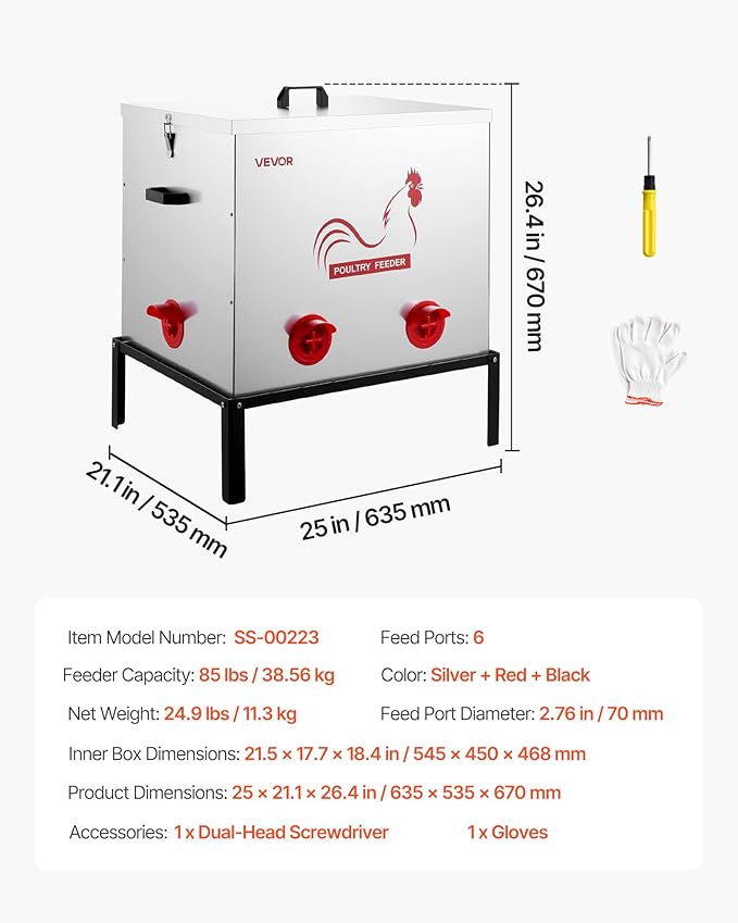 VEVOR Automatic Chicken Feeder, 85 lbs Capacity, 6 Feeding Ports No-Waste Poultry Feeder with Built-in Divider, with Latch & Handle, Metal Construction, for Chickens Bantams Pheasants Poultry Coop