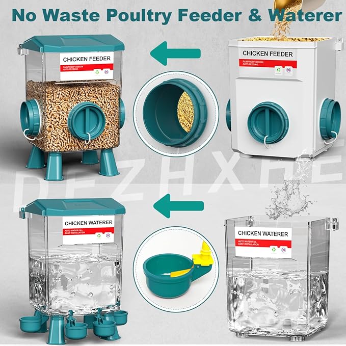 Chicken Feeder and Waterer Set, 1.9 Gallon/17.7 Pounds, Automatic Chicken Feeders and Chicken Waterer, Detachable for Chick, Duck & Quail Coop Use, Outdoor Farm & Backyard (Upgraded)