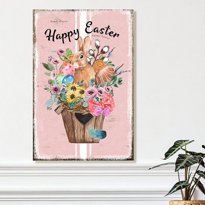 Happy Easter Flower Basket Bunny Wood Art Plaque French Style Floral Pink Stripes Sign Plaque Easter Eggs Farmhouse Bunny Wood Signs for Bedroom Kitchen Front Porch 8x12in