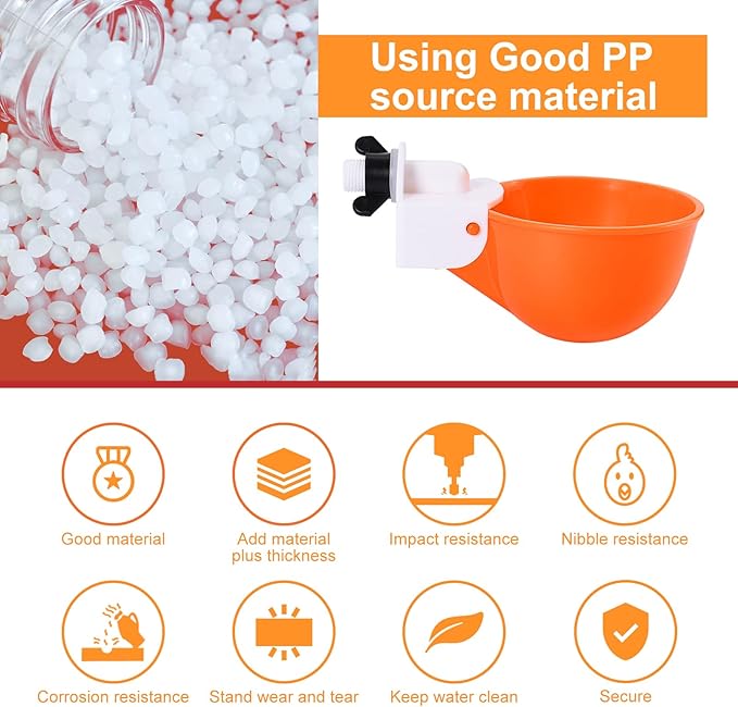 Chicken Waterer Cups (16 Pack/Orange) - DIY Automatic Large Chicken Water Feeder for Ducks Quail and Various Poultry Dispenser with Matching Drill, Double Rubber Ring, Not Leaking Wate