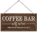 Coffee Bar Self Serve Brewed Fresh Daily Hanging Decor Sign, Funny Coffee Bar Decorative Sign, Vintage Kitchen Decor, Retro Wood Grain Hanging Decors 12 x 6 Inches