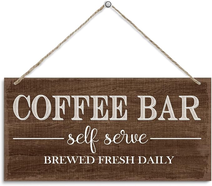 Coffee Bar Self Serve Brewed Fresh Daily Hanging Decor Sign, Funny Coffee Bar Decorative Sign, Vintage Kitchen Decor, Retro Wood Grain Hanging Decors 12 x 6 Inches