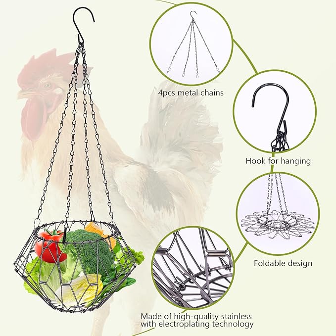 Hanging Chicken Feeder Accessories, Foldable 6.5Inch Large Poultry Vegetable Fruits Feeder Basket with 4pcs Hanging Chain, Veggie Treat Ball Boredom Toys for Chicken/Hens/Duck/Rabbits' Coop