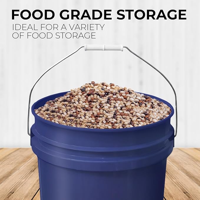 5-Gallon Dark Blue Bucket Pail with Gamma Seal Screw on Airtight Lid, Metal Handles with Plastic Grip for Easy Carrying, Stack and Store, Heavy-Duty 90MIL Extra Durable, Food Grade, BPA Free - 5 Pack