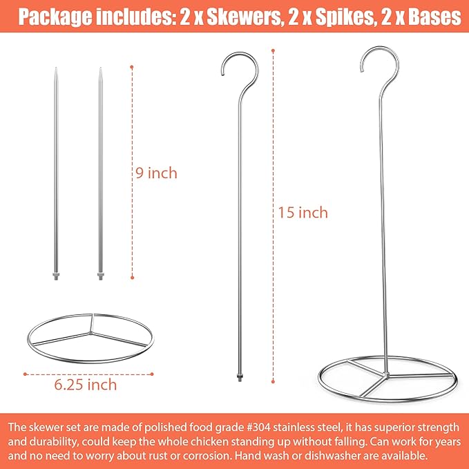 6 Pieces Stainless Steel Vertical Skewer Set, (2x15''Skewers,2x9‘’Spikes& 2x6.25‘’Bases), Multifuntion Barbecue Spike& Poultry Hanger Set for Webber,Bronco, Pit Barrel,Green Egg Smoker,etc