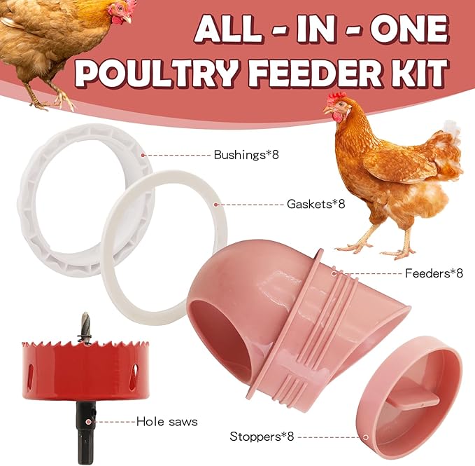 Chicken Feeders No Waste, DIY Automatic Poultry Feeder 8 Ports 1 Hole Saw with Covers Gravity Feed Kit for Buckets Barrels Bins Troughs (Pink and White)