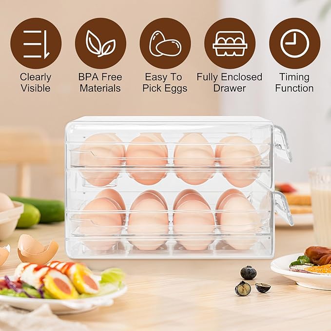 Egg Holder for Fridge 24, 2 Layers Stackable Clear Eggs Organizer, Egg Container for Refrigerator with Eggs 24 Count, Space-Saving Refrigerator Organizers and Storage in Home, Kitchen