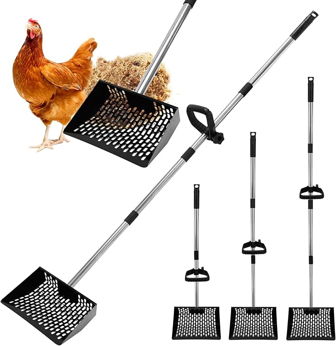 Chicken Poop Scooper and Rack 2-in-1 10'' Metal Coop with 35" to 61" Adjustable Handle, Litter Sifting Shovel Cleaning Tools for Chicken Coop Run,Chicken Coops and Animals House