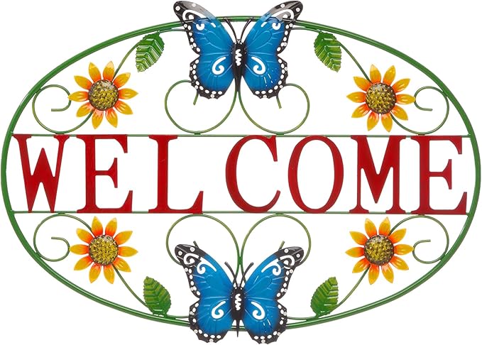 Glitzhome Metal Welcome Sign for Outdoor & Indoor - Rustic Farmhouse Wall Decor Sunflower & Butterfly Garden Art for Porch Patio Yard