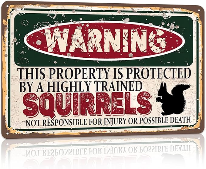 Vintage Squirrels Metal Sign， Warning this property is protected bY a highly trained Squirrels Sign Funny Tin Signs 12x8 Inch