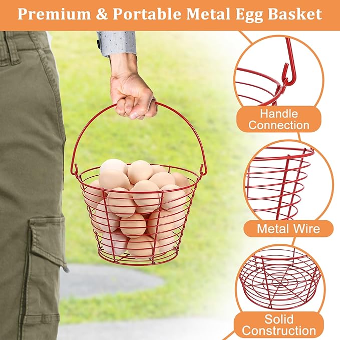 3 PCS 8" Red Round Wire Egg Baskets for Fresh Egg With Handle, Small Metal Collecting Basket for Gathering Fresh Eggs, Chicken and Duck Eggs Hunting Basket Egg-Holder Countertop