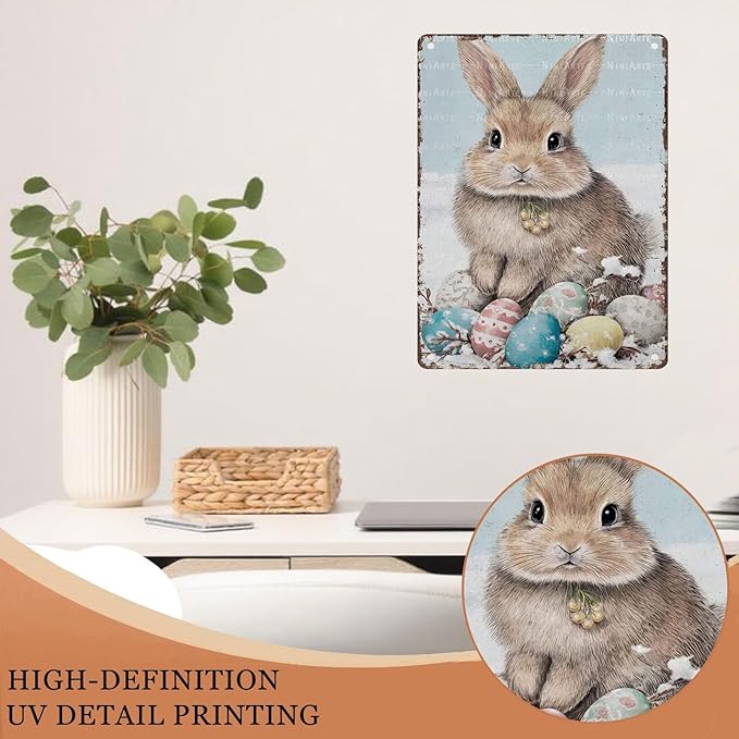 Easter Bunny Rabbit Metal Tin Sign Painting Rabbit Vintage Sign for Home Kitchen Cafe Rustic Easter Decorations Gifts 12X16Inch