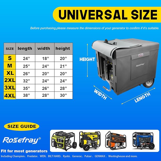 Rosefray Generator Cover-32”Lx24”Wx24”H,600D Heavy Duty Waterproof, Small Outside Equipment Cover for Champion,Predator,WEN,BILT HARD,Ryobi,Generac,Westinghouse Portable Generator 5000-10000W-Gray/2XL