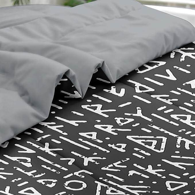 Comforter Set King Size, Gothic Viking Black 7 Pcs Bedding for Kids and Adults, Geometric Medieval Norse Bed Sheet Sets with Fitted Sheet 2 Pillowcases & 2 Shams for Bedroom Bed Decor