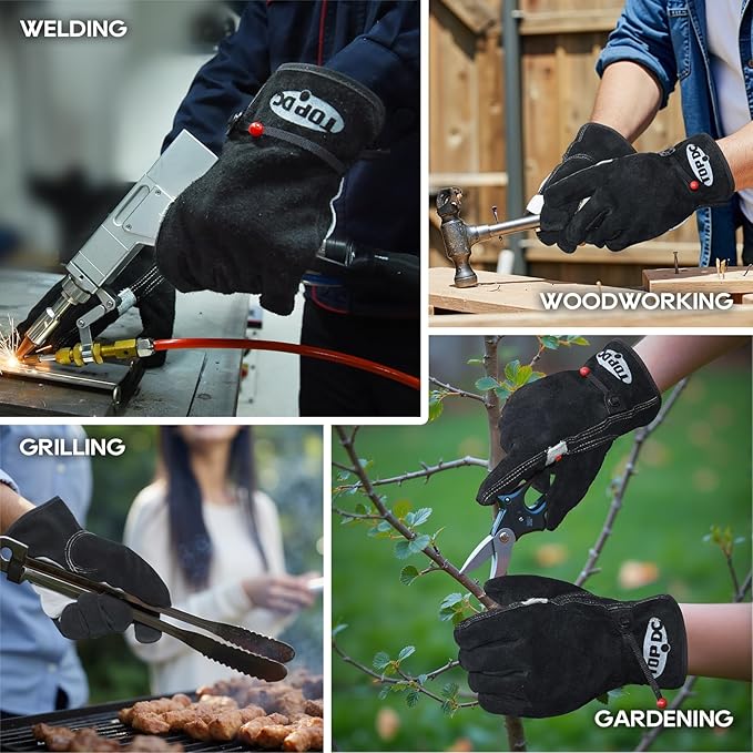 TOPDC Leather Work Gloves for Men or Women, Cowhide Leather Gloves for Gardening, Tig/Mig Welding, Chainsaw, Farm, Ranch, Reinforced Palm, Adjustable Cuff, Cotton Lining, Firm Grip & Durable, M