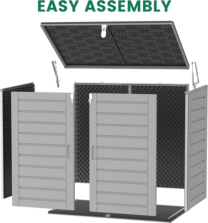 Outdoor Storage Shed, Horizontal Trash Can Storage for 2 Bins, 304 Gallon Double-Wall Resin Garbage Shed with Wood-Grain Texture, Smooth Lift Pistons & Anti-Collision Corners, Grey