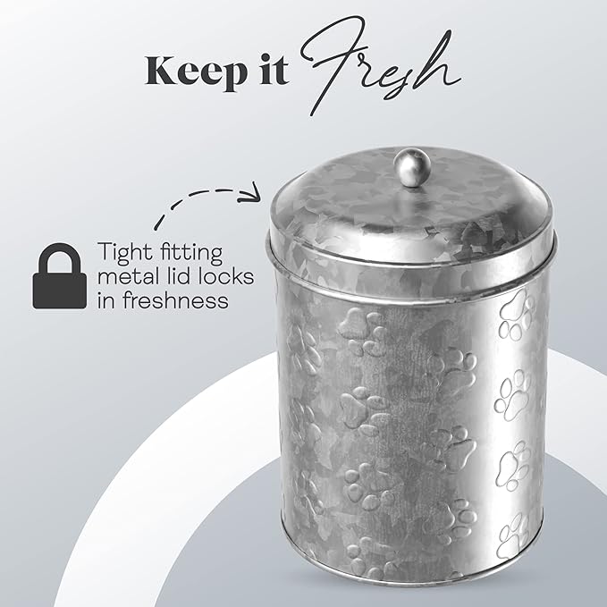 Amici Pet Puppy Paws Small Galvanized Metal Food Canister, 64 Oz Airtight Storage with Handle Lid, Embossed Paw Design for Pet Treats, Snacks, or Kibble - 8" H x 5.5" L, BPA Free