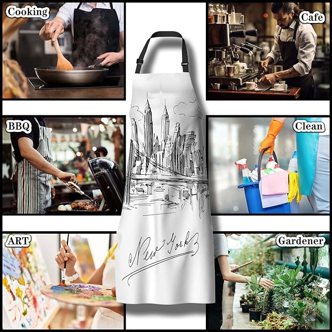 Kitchen Apron for Men New York City Skyline Baking Aprons for Women for Cooking Restaurant BBQ Painting Crafting Gardening 27” (W) x 31” (H), Waterproof Aprons