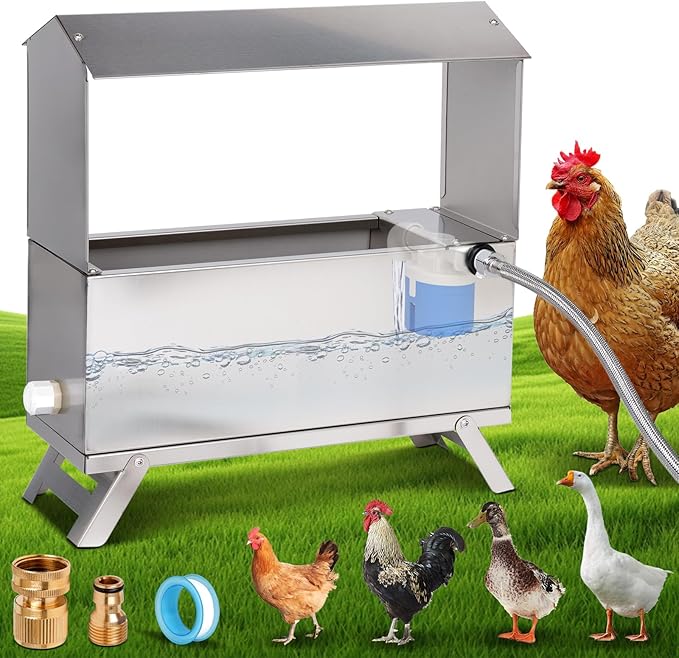1.6 Gal Automatic Chicken Waterer Stainless Steel Poultry Waterer Dispenser with Float Valve Kit and Bottom Bracket Chicken Waterer Feeder for Hen Duck Goose Turkeys