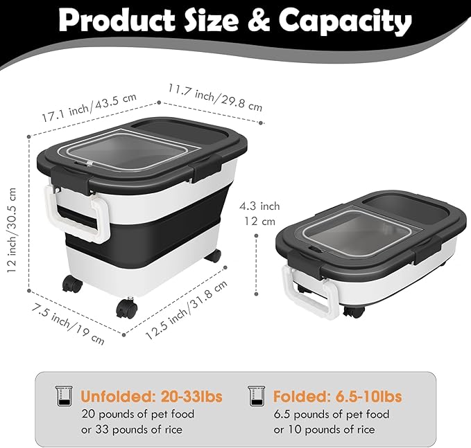 Dog Food Storage Container, 20Lbs Large Collapsible Pet Cat Food Container with Airtight Lids Wheels Handle Scoop Measuring Cup Small Container, Rice Kitchen Dry Food Storage Dispenser Bin (Black)