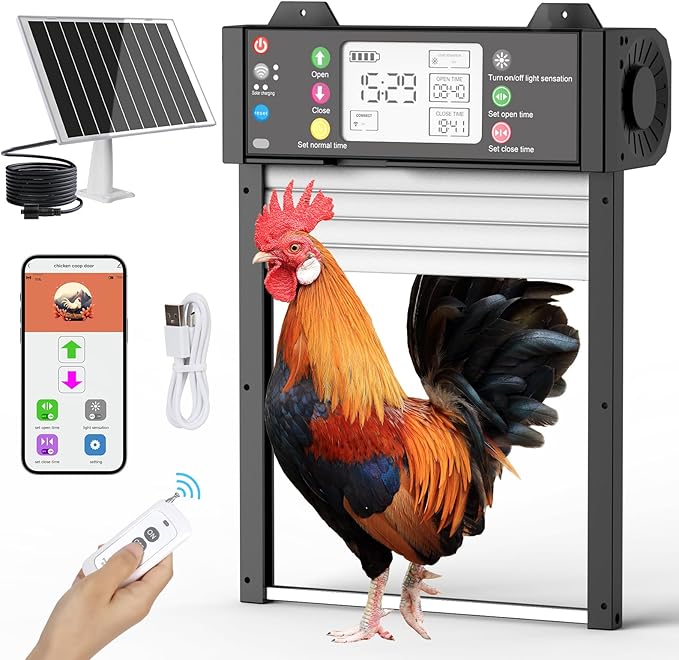 Automatic Chicken Coop Door, Smart TUYA APP Controlled, WiFi Enabled, Door Status Detection, Solar Powered, Anti Pinch, Auto Chicken Door with Timer & Light Sensor, LCD Display, 5 Modes