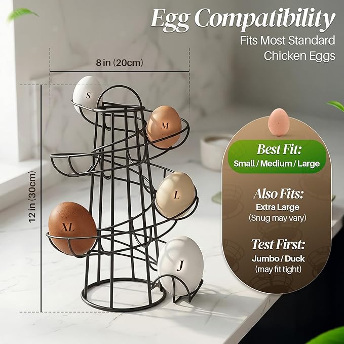 Flexzion Egg Skelter Modern Spiral Egg Holder Countertop (Medium Egg Display) - Freestanding Wired Countertop Egg Holder for Fresh Eggs, Dispenser Stand, Storage Rack for Kitchen, Black