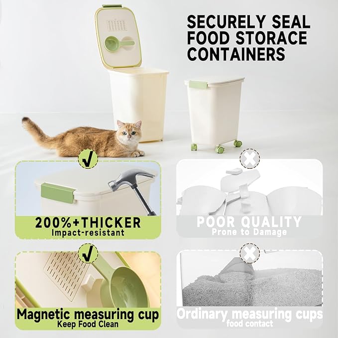 LivLab Mker Large Rice Storage Container 30-40 lbs, Airtight Dry Food Storage Bin with Lids, Great for Pet/Cat/Dog Food Storage Dispenser 25 lbs, Detachable wheels, Easy Mobility, BPA Free, Green