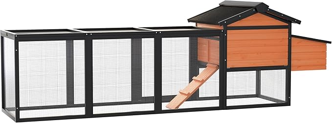 106.3" Chicken Coop, Large Wooden Chicken Coop with Run, Nesting Box and All-Weather Asphalt Roof, Outdoor Duck House Bunny Cage with Sliding Tray for Poultry, Small Animals, Black+Brown