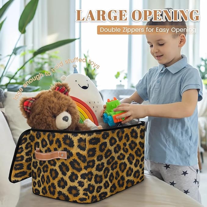 Storage Cubes with Lid Fabric Storage Bins Boxes PU Leather Handles, Leopard Print Animal Skin Closet Organizer Container Foldable Washable Shelf Cloth Basket, Leopard Print