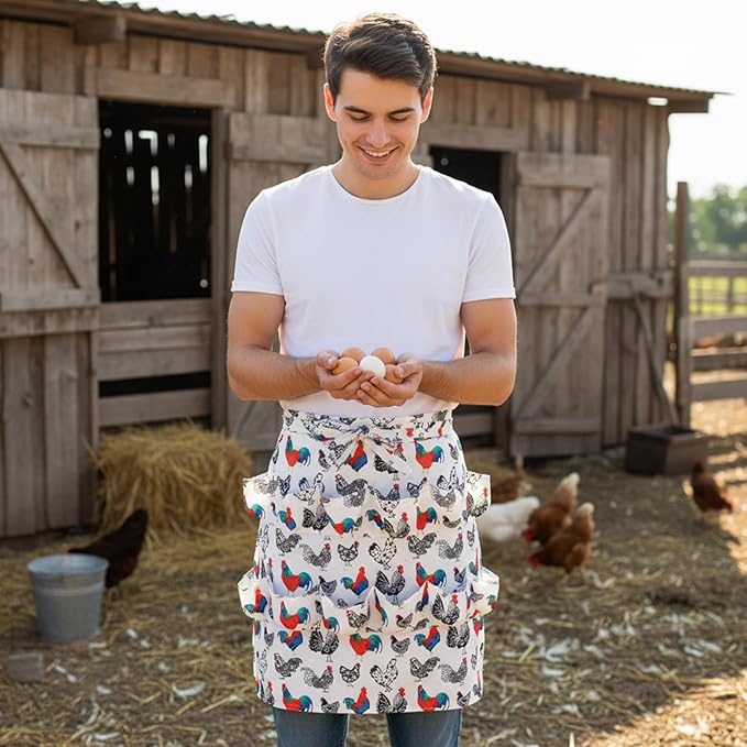 Egg Collecting Apron, Durable Canvas Chicken Egg Apron with 15 Deep Pockets, Elastic Closures and Hook Fresh Eggs Collecting for Chicken Duck Goose Eggs