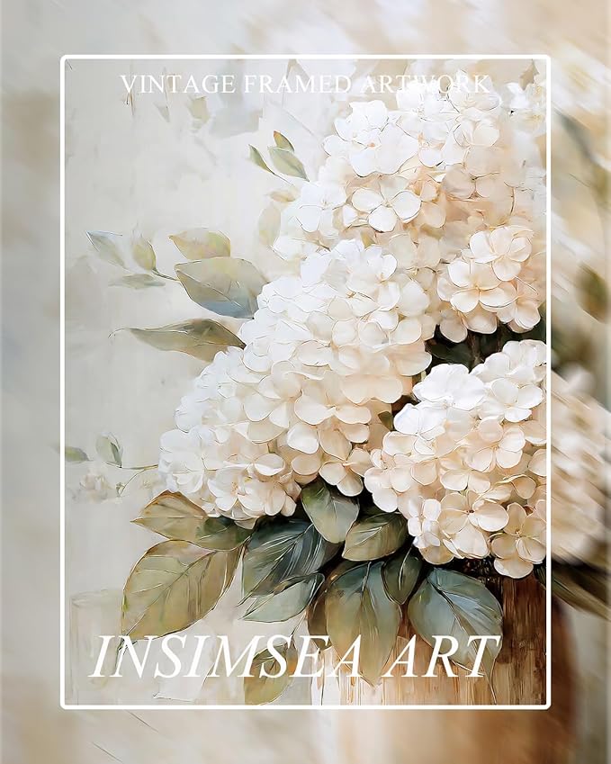 InSimSea Framed Canvas Wall Art Vintage Flower Wall Pictures Room Decor Aesthetic Hydrangea Small Prints Desk Shelf Decor Floral Paintings Farmhouse Artwork for Bedroom Bathroom Office Kitchen 12x16in