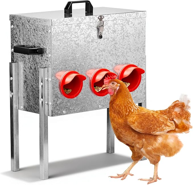 Outvita 40 lb Metal Chicken Feeder with 6 No-Waste Ports, Heavy-Duty Outdoor Chicken Feeder Box with Locking Lid & Handle for Chickens Duck Bantams Pheasants Poultry Backyard Chicken Coop