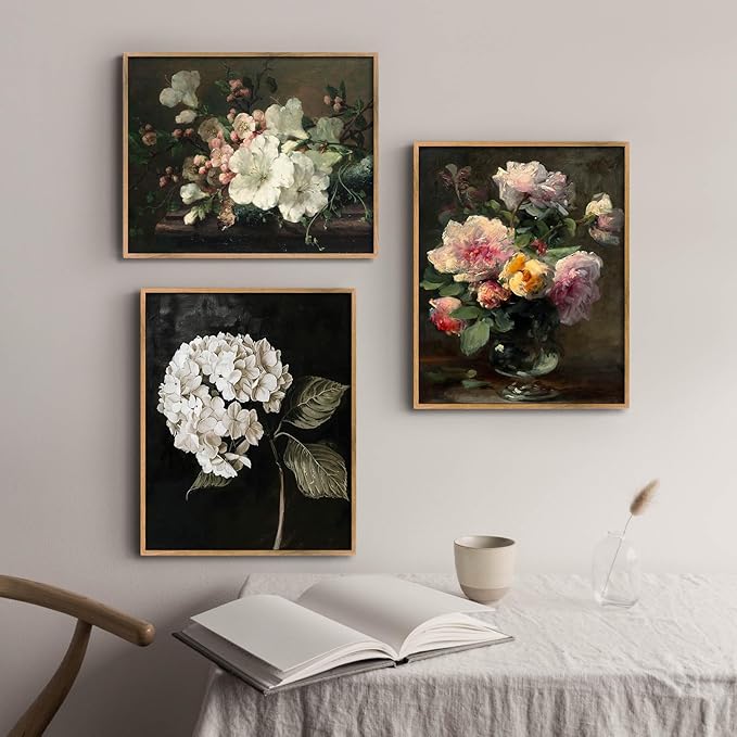 Vintage Flower Framed Wall Art Farmhouse Botanical Pictures Black White Hydrangea Painting Dark Floral Poster Rustic Plant Artwork White Hydrangea Pictures Antique Still Life Painting 8x10inch Framed