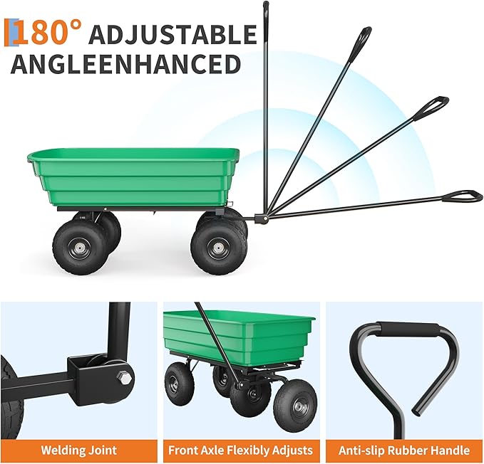 Heavy Duty Garden Dump Cart 1200 lbs, 6 Cu.Ft. Yard Wagon with 13" All-Terrain Wheels, Quick-Release Tipping, Pivoting Handle for Gardening, Lawns, Farms – Green Bucket + Black Iron Handle |