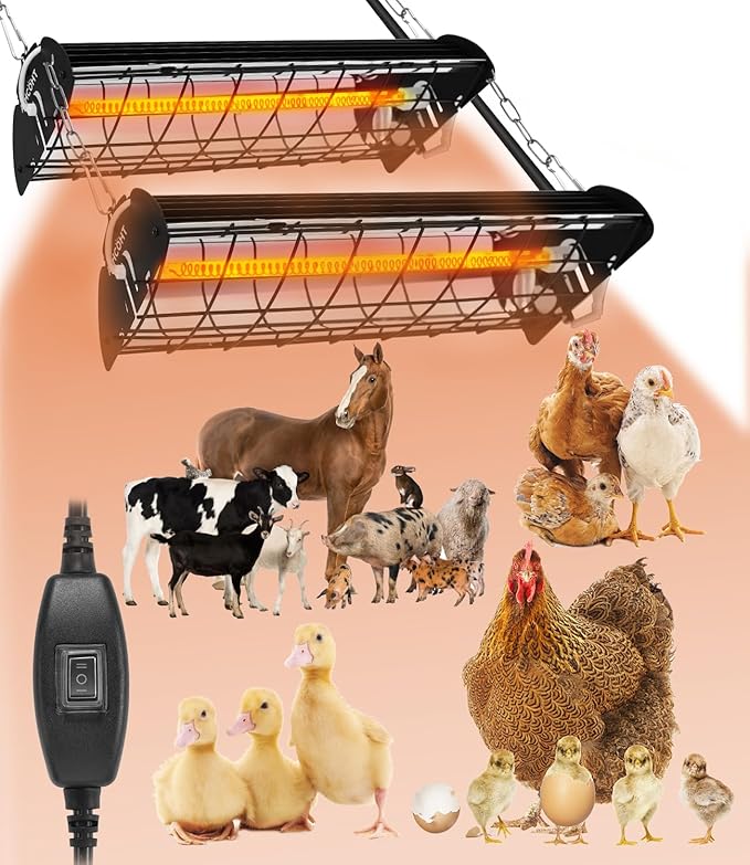 400W Heat Lamp for Chickens Upgraded 12000H Large Chicken Coop Brooder Heater Carbon Fiber Bulb Waterproof Adjustable 2 Mode Temp Safe Design for Chicks Poultry Pets 2 Pack(Extra Large)