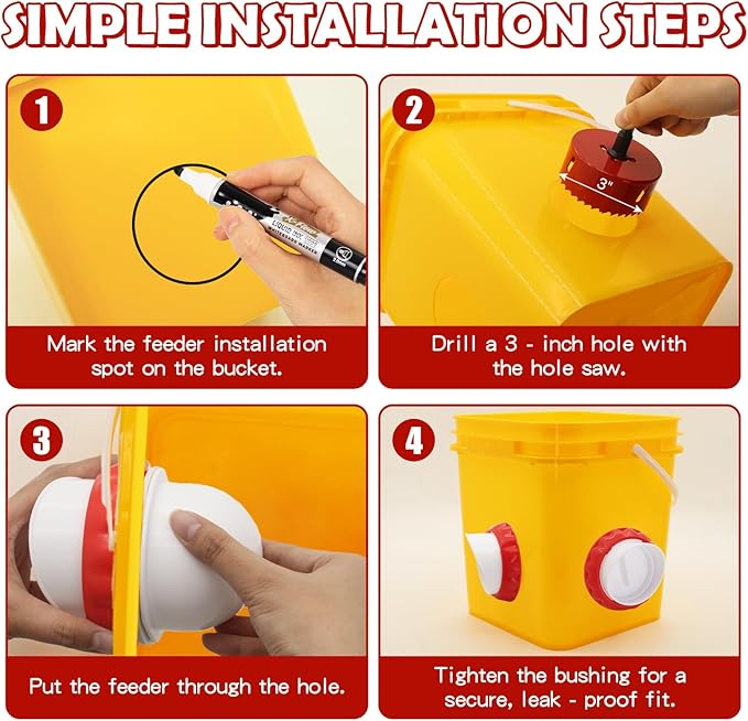 Chicken Feeders No Waste, DIY Automatic Poultry Feeder 8 Ports 1 Hole Saw with Covers Gravity Feed Kit for Buckets Barrels Bins Troughs（Red and White）