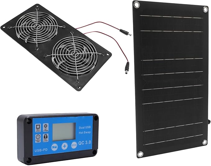 Pomya Solar Exhaust Fan, 20W Solar Panel + 6 Inch Double Ventilation Vent Fan, with Timing Controller, HighSpeed Solar Powered Fan for Shed, Chicken Coop, Greenhouse, Dog House