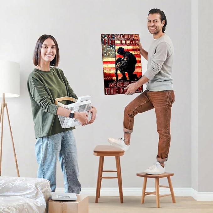 Vintage American Soldier Tin Sign We Stand For The Flag We Kneel For The Fallen Metal Sign Decor for Women Men Wall Decor for Independence Memorial Day Veterans Day Home Bedroom Man Cave 8X12Inch