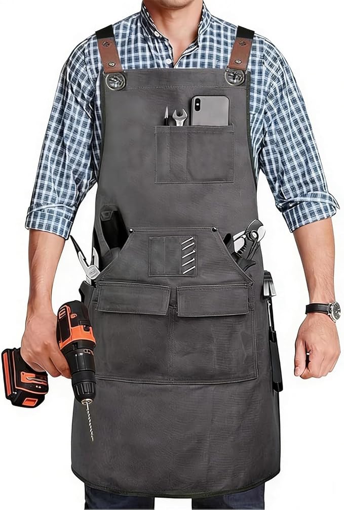 Adjustable Kitchen Apron Set With Pockets, Heavy Duty Cooking Apron for Men and Women, Black/Grey
