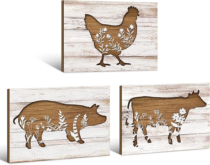Jetec 3 Pieces Farmhouse Kitchen Signs Cow Rooster and Pig Decors 7.9 x 5.9 Inch Rustic Wooden Signs Country Wall Decorations for Kitchen Wall Ornaments and Home Supplies (Cute Style)
