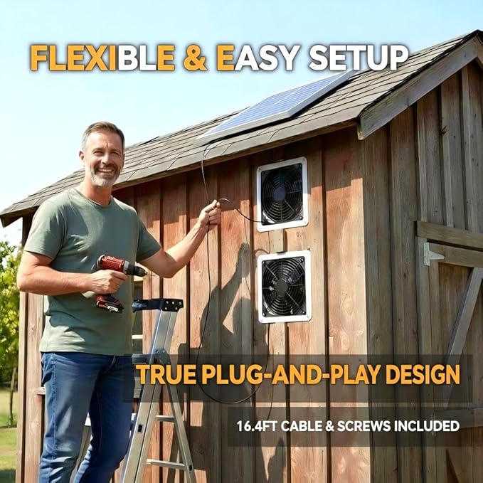 25W Solar Powered Fan for Chicken Coop, Greenhouse, Shed, Upgraded 16.4ft Long Cable Dual Exhaust Fan Kit, IP67 Waterproof Outdoor Solar Fan for Dog House RV Attic Ventilation