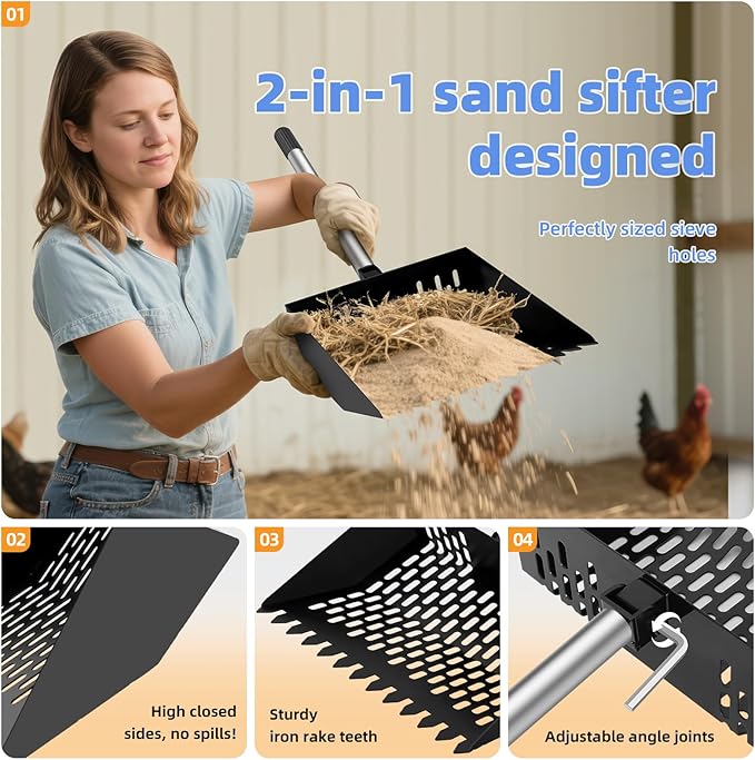 Chicken Poop Scooper & Rake 2-in-1, 4 in 1 Stainless Steel Handle Chicken Coop Pooper Shovel (23 to 62"), Suitable for Animal Sheds, Garbage Shovel with Adjustable Angle, Scooper Sand Sifting Shovel