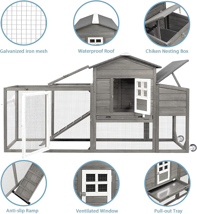 PetsCosset 158in Chicken Coop Wooden Indoor Outdoor for 1-6 Chickens Extension Chicken Houses with Removable Tray Nesting Box and Run（Set of Two）, Grey