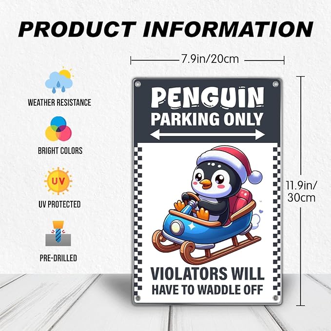 Penguin Parking Only Sign Metal 8 x 12 Inch Christmas Decor With Santa Hat Sled Design For Lovers Kids Room Winter Decoration Vintage Art Wall Home